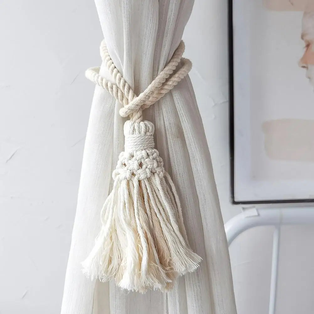 Curtain Tieback Braided Bohemian Style Cotton Hand-Woven Rope Tie Backs Decorative Holdback for Home Beaded Widely Use Room Deco