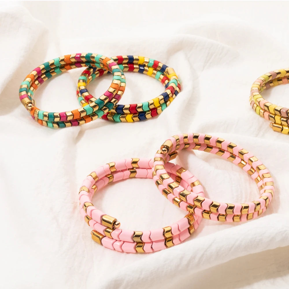 Tejesa 5X6mm  Enamel Colorful  Circle Tube Beads Bangle Bracelet  For Women