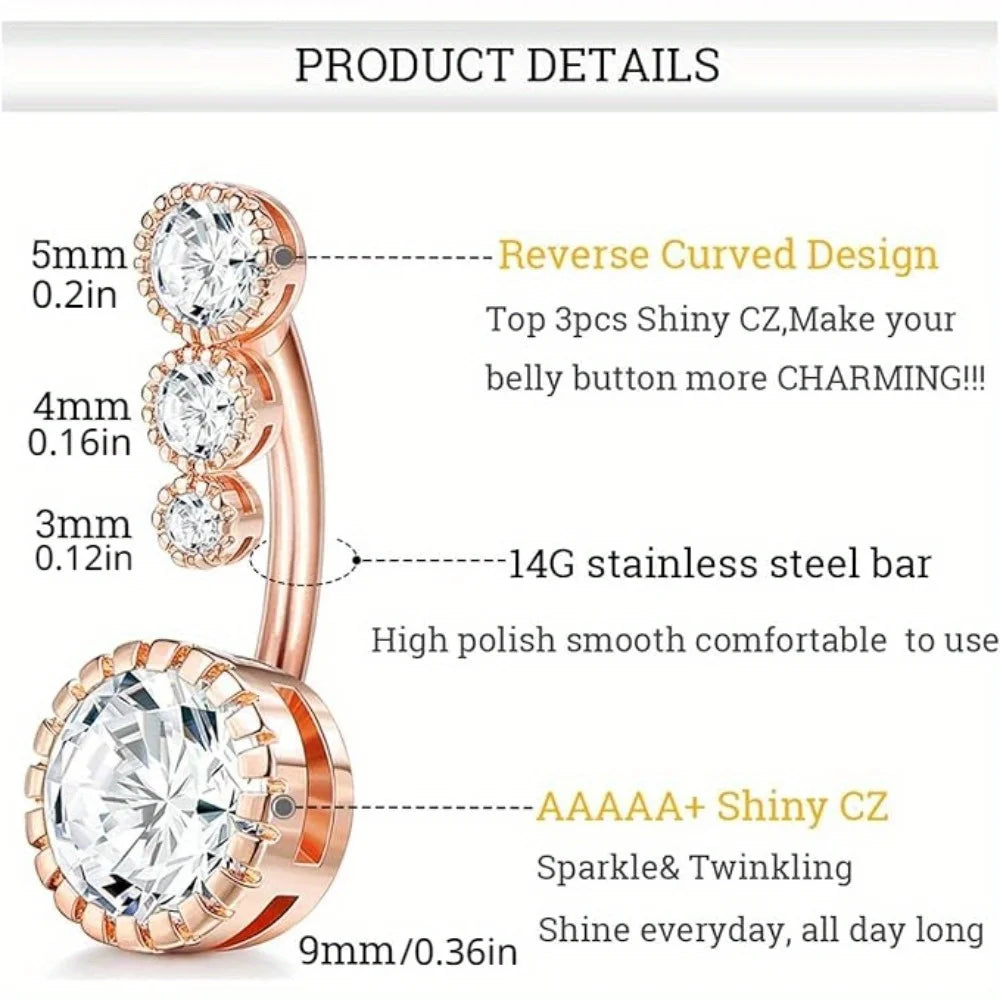 Drperfect 1PC Stainless Steel Belly Button Rings Reverse Navel Rings for Women Curved Barbell CZ Cute Body Piercing Jewelry