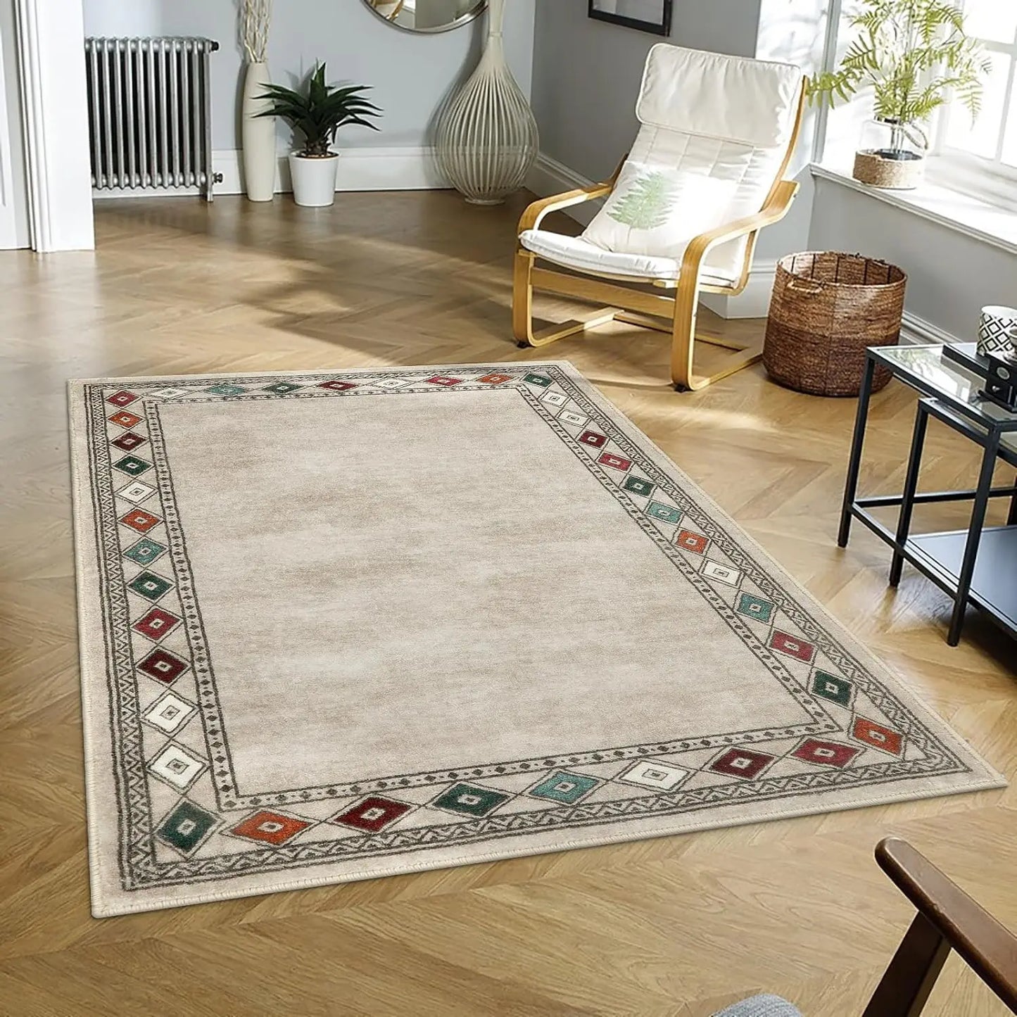 Modern Beige Bordered Washable Area Rugs Non Slip Living Room Carpet Sofa Table Large Area Rugs Bedroom Bedside Floor Mat Decor