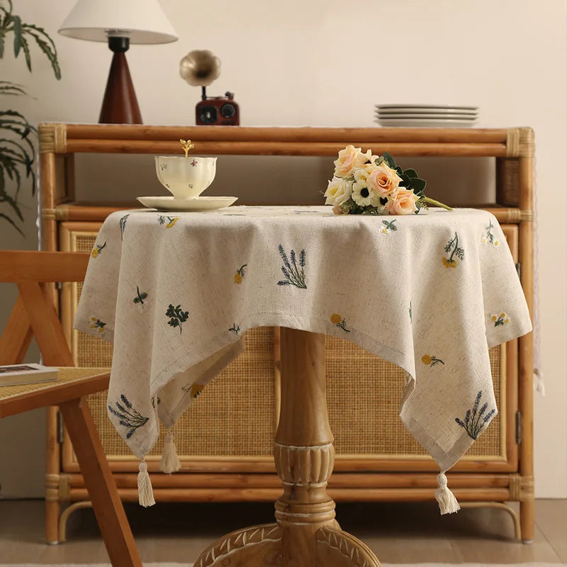 Linen Embroidery Garden Tablecloth with Fringe Cotton Linen Floral Printed Tassel Table Cover Luxury Flax Cloth Home Decoration