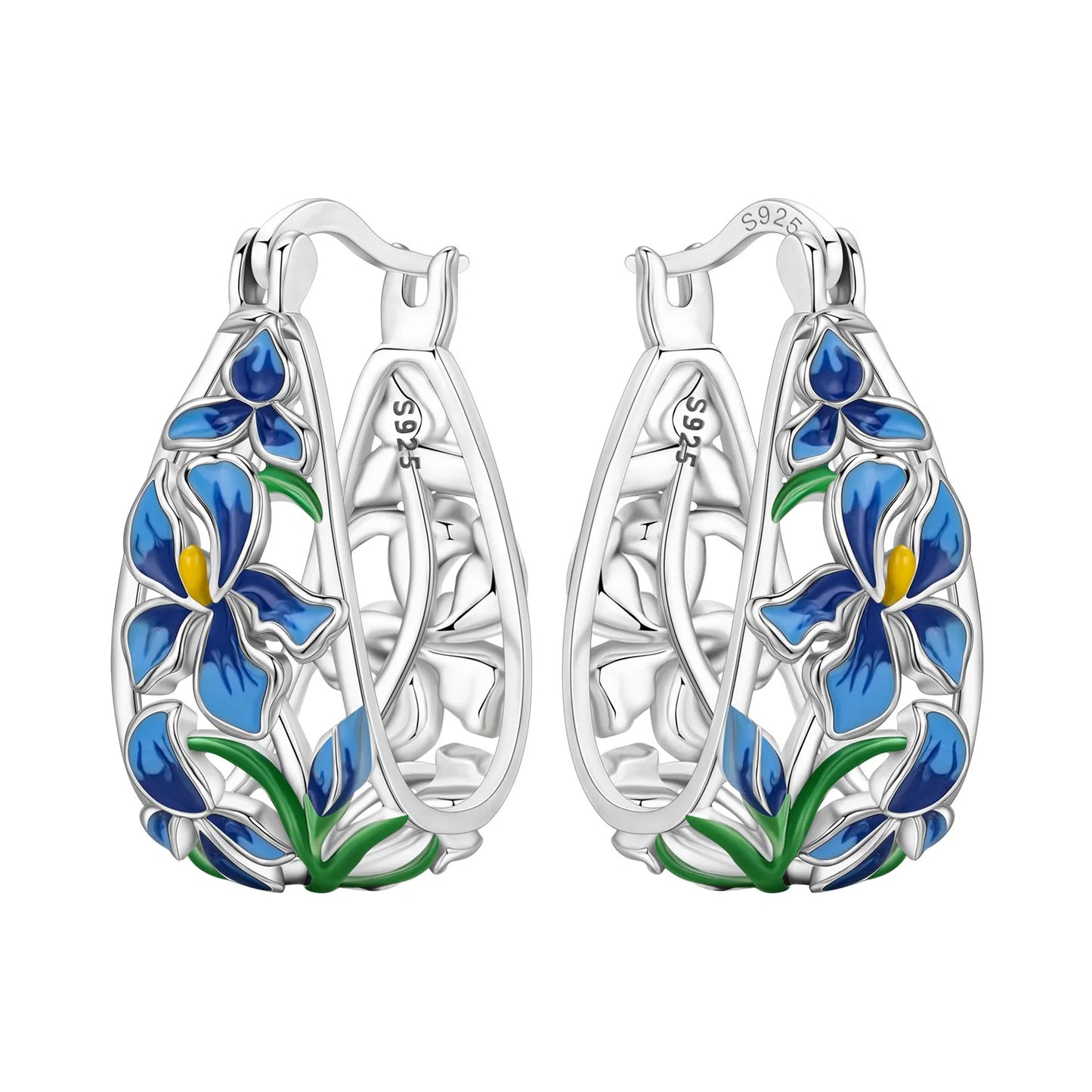Orstarry S925 Sterling Silver Earrings Exquisite Blue Horseshoe Lotus Orchid Iris Flower Earrings For Women Birthday Gift