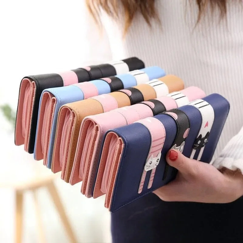 Women's Wallet Wear-resistant PU Leather Wallet Cute Cat Card Holder Mobile Phone Bag Long Clutch Coin Purse for Kids Girls