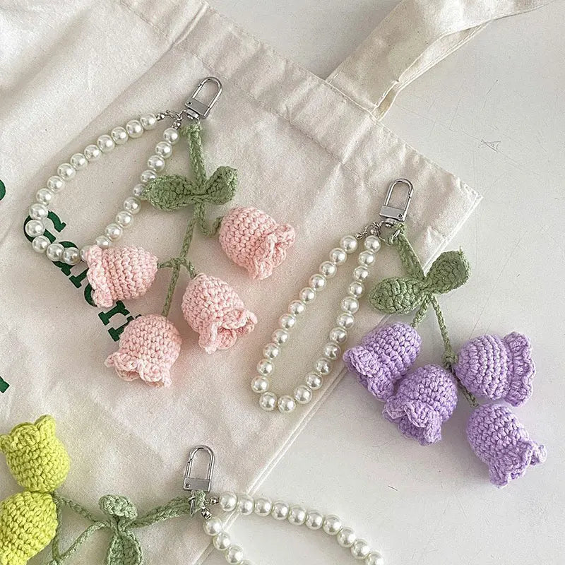Hemasa 1pc Sweet Wool Crochet Lily Of The Valley Keychain Girls Pearl Chain Bag Pendant