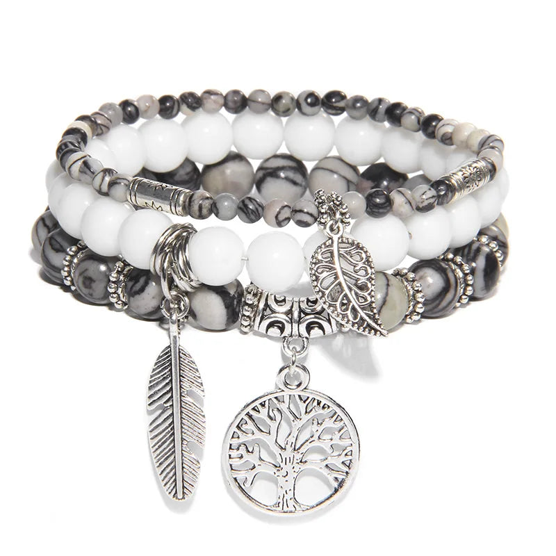 3Pcs Fashion Natural Stone Beads Bracelet 8mm Beads Tree of Life Pendant Bracelet Men Women Beaded Charm Bracelets Jewelry