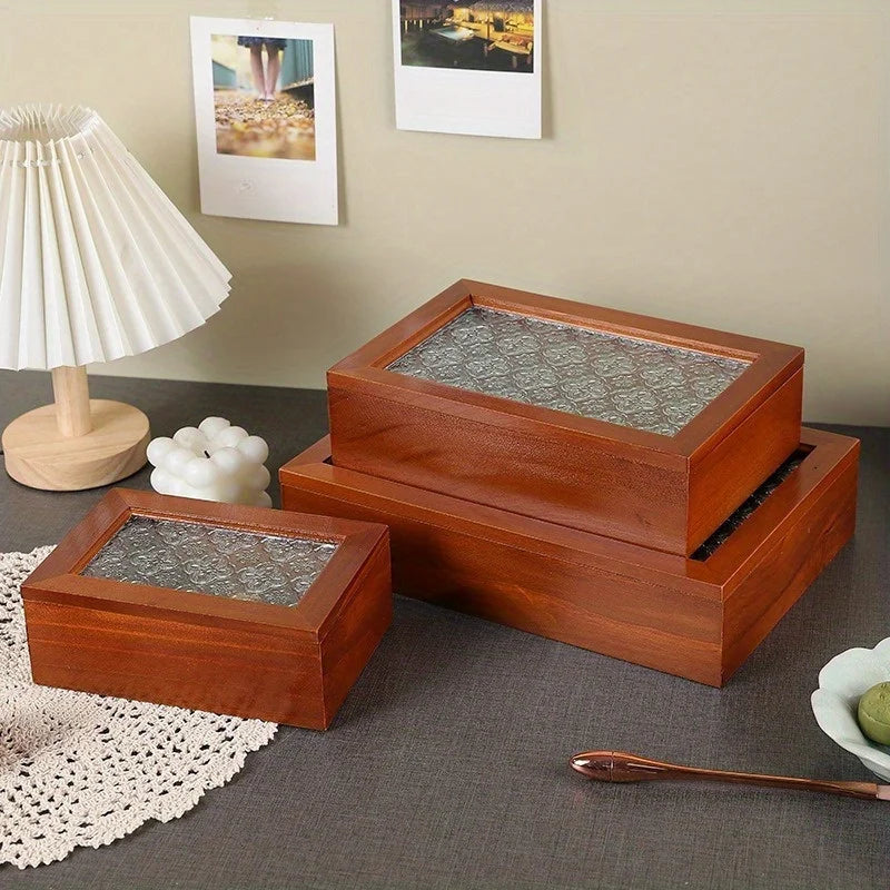 Retro Crabapple Flower Glass Covered Solid Wood Box for Home Miscellaneous Items Dried Fruit Certificates Dust-proof Storage Box