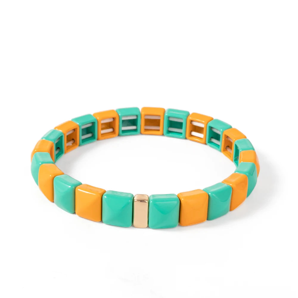 Tejesa Colorful Enamel Square Shape Rhombus Faced Bohemain Geometric Elastic Bracelets For Women