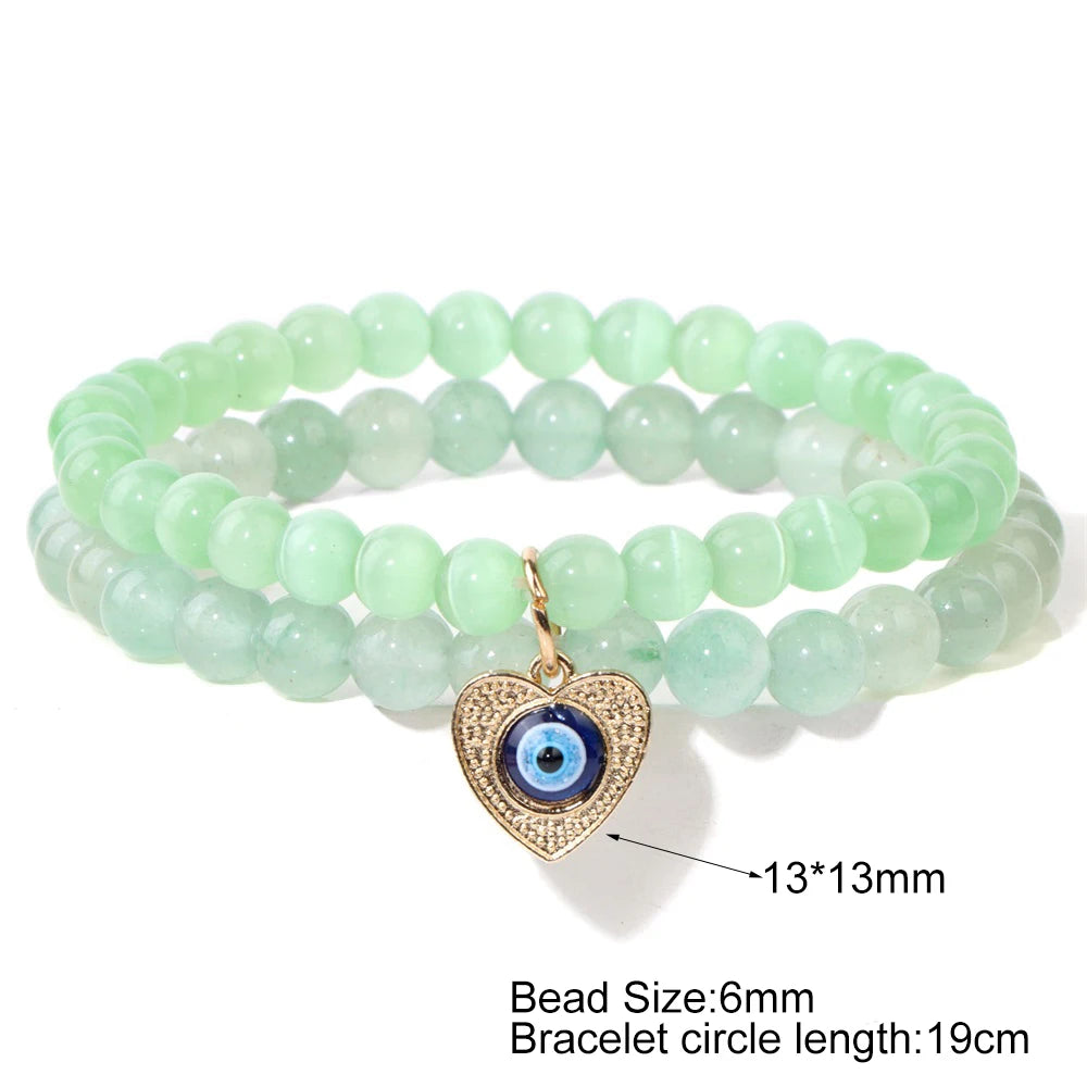 Blue Turkish Evil Eye Bracelet 6mm Natural Cat Eye Opal Stone Bracelets For Women Men Heart Shape Evil Eye Charm Bangles Jewelry