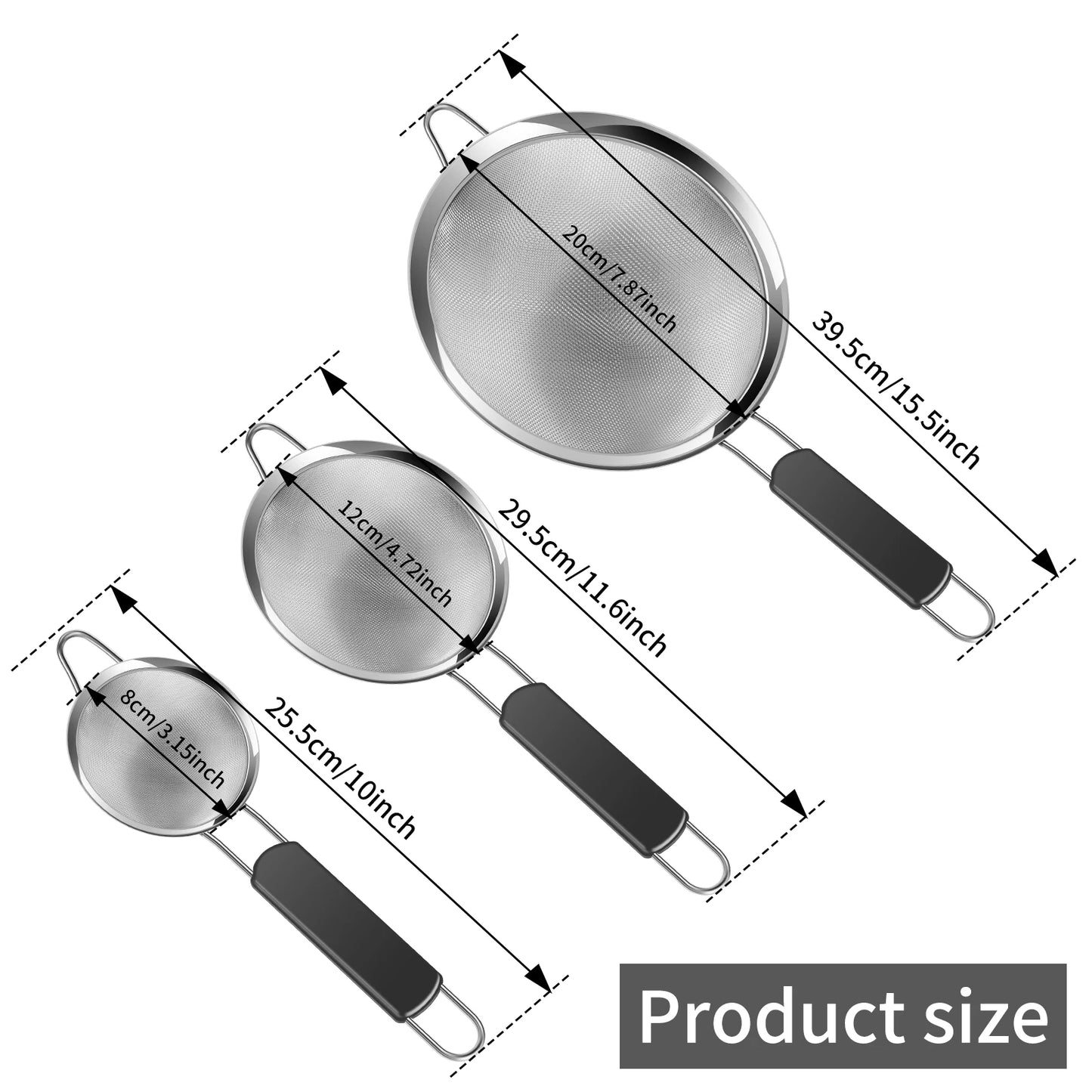 Tejesa 3pcs Fine Mesh Strainer Filter Screen Stainless Steel Flour Sifter Egg Filter Colanders for Filter Vegt Cleaning Kitchen Acce
