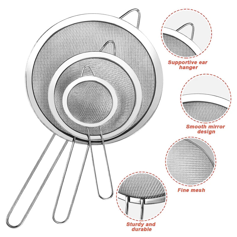 Hemasa 3/4Pcs /Set Stainless Steel Wire Fine Mesh Oil Strainer Flour Colander Sieve Sifter Pastry Baking Tools