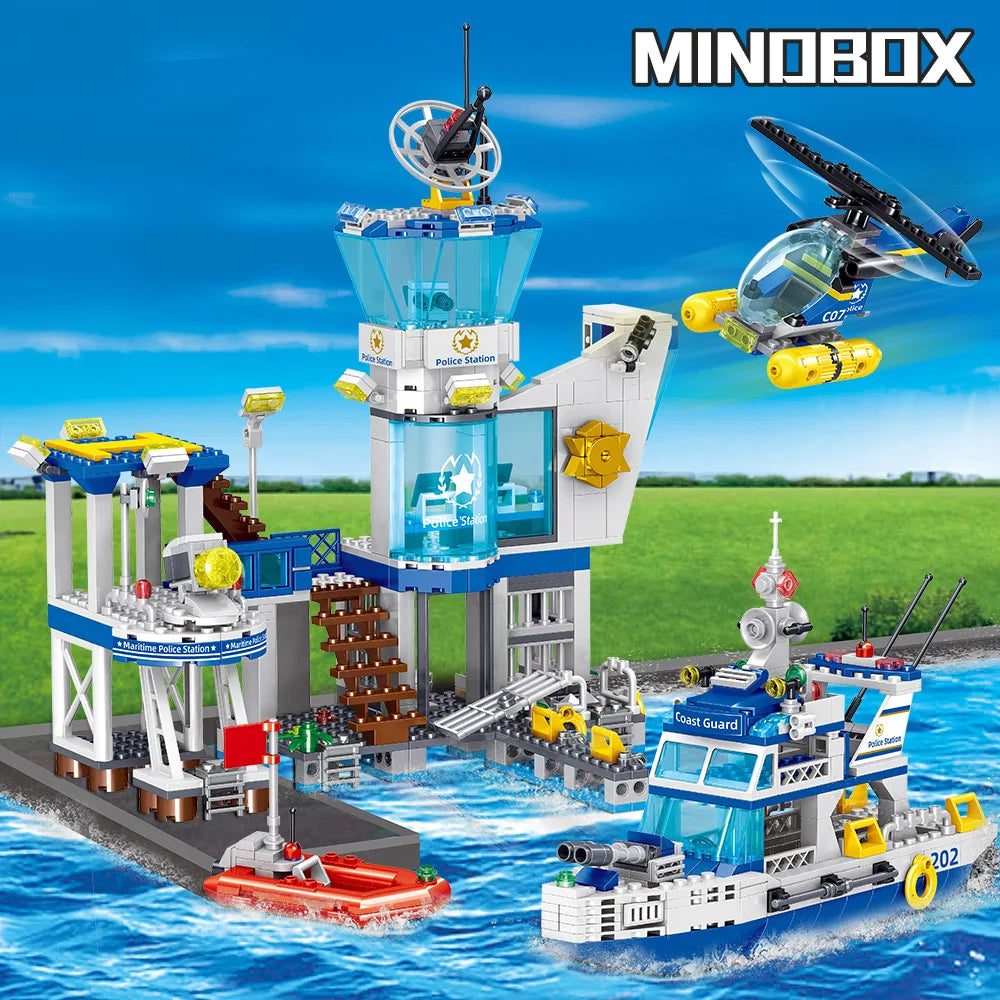 City Ocean Police Station Building Blocks Set,Police Station/Helicopter/Search Boat/Speed Boat,STEM Toys for Boys Ages 6 and Up