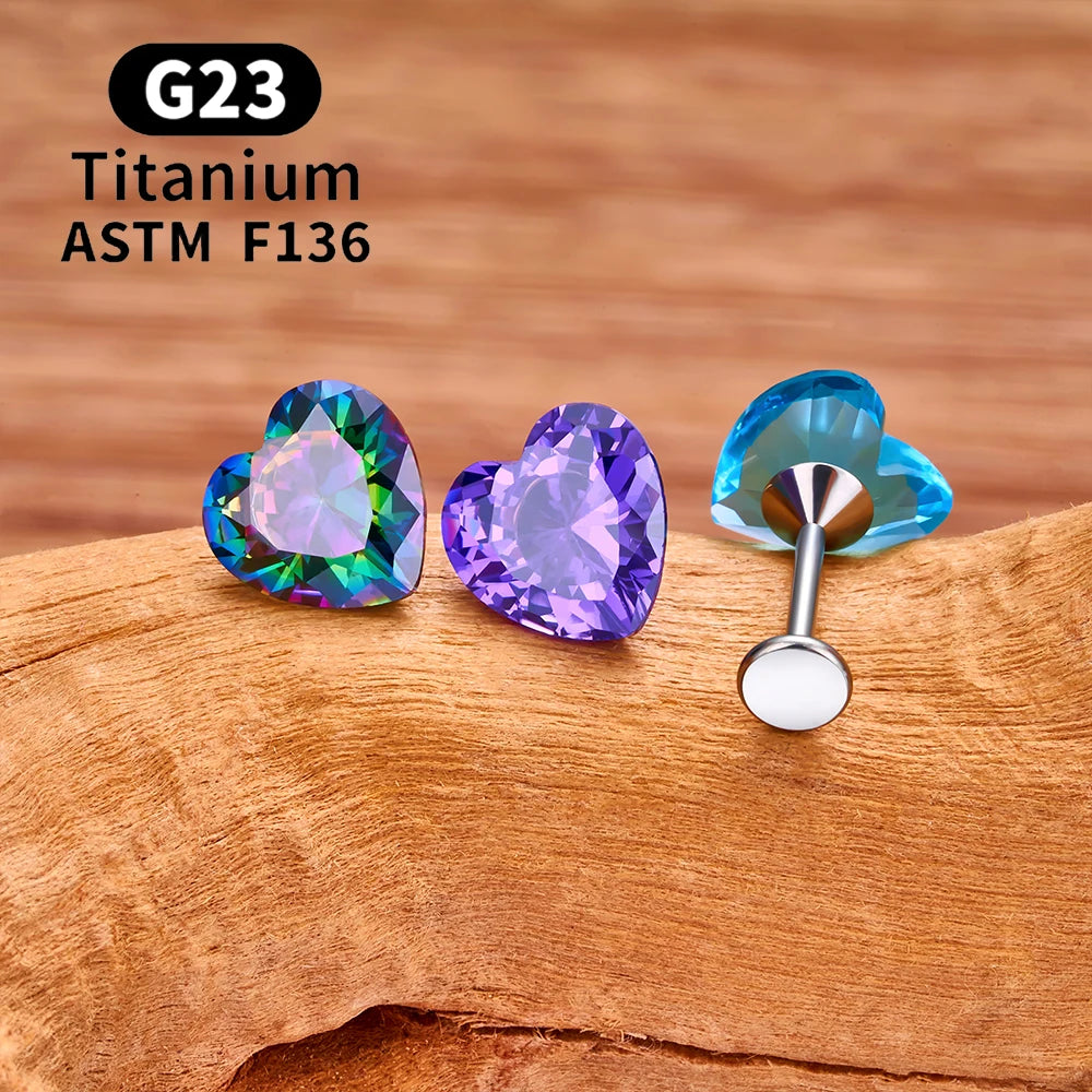 G23 Titanium Heart-shaped Stud Earrings for Women Girl 16G CZ Pin Type Labret Lip Ring Nose Ear Cartilage Tragus Body Jewelry