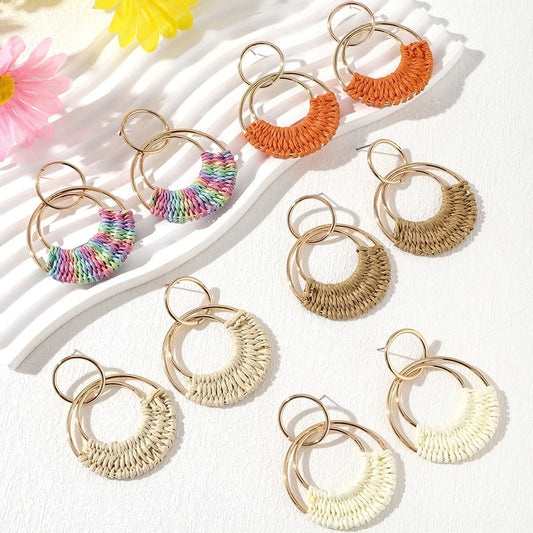 Boho Handmade Geometric Circle Raffia Drop Hoop Earrings for Women Colorful Round Rattan Dangle Earring Beach Summer Ear Jewelry