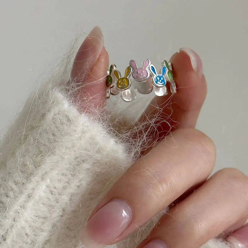 Buyee 925 Sterling Silver Cute Ring Finger Simple Candy Rabbit Animal Open Ring for Woman Girl Fashion Party Fine Jewelry Circle