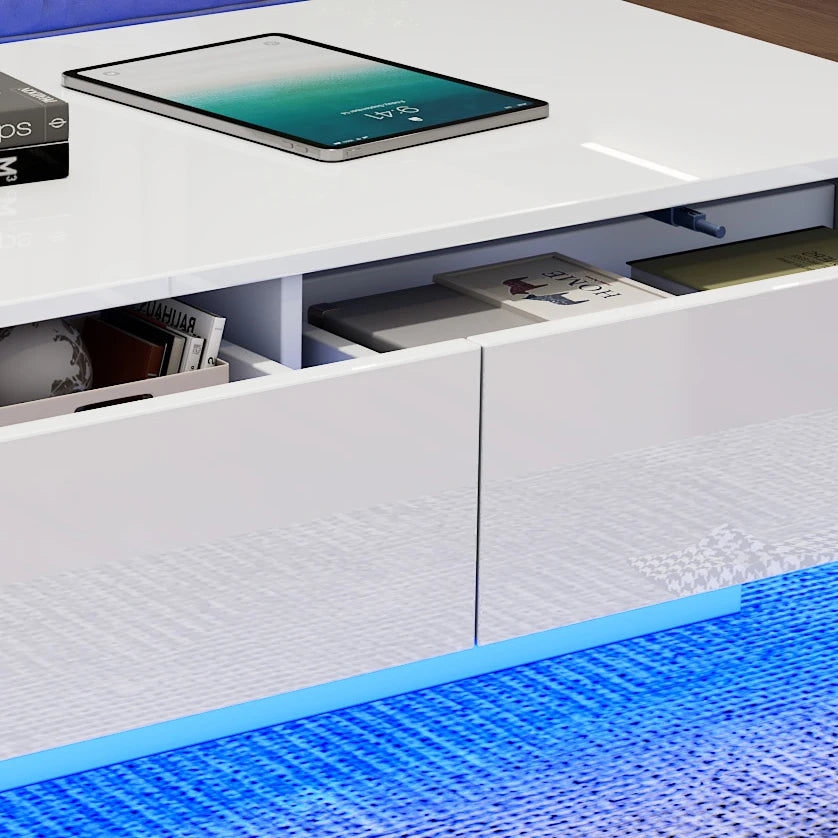 High Gloss LED Coffee Table with 16 Colors LED Lights and 2 Drawers, Rectangular Coffee Table for Office, Store and Living Room