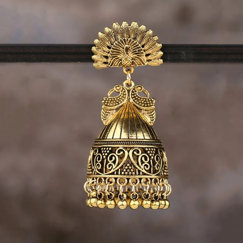 Hemasa Jhumka Earrings for Women Nepal Bohemian Jewelry Exaggerated Retro Indian Style Hollow Bell Pendant Peacock Earrings