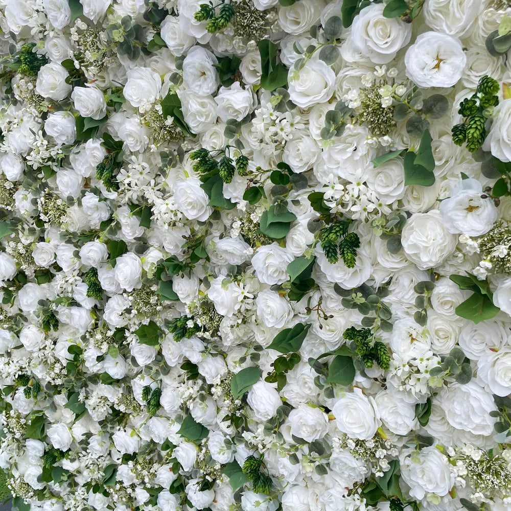 Rose Hydrangea Green Leaf Artificial Flowers Wall Cloth White Roll Up Curtain Hang Floral Wedding Event Backdrop Decor Props