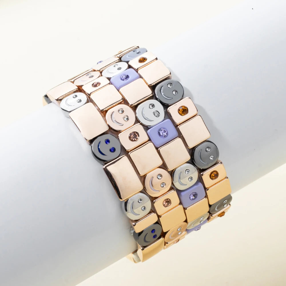 2024 New Gold Color Bangle Happy Elastic Bracelets For Women Beaded Accessory