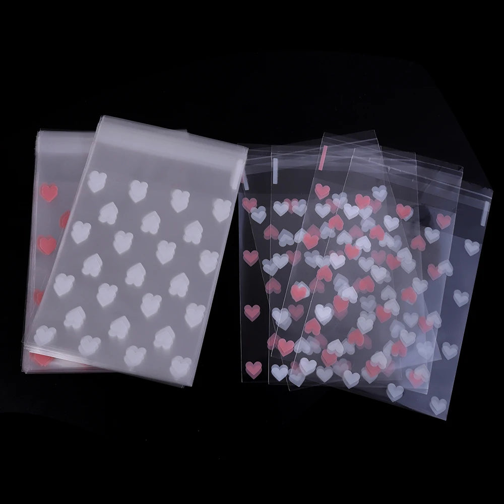 50pcs/lot Heart Transparent Self Sealing Bag Pink White Love Pattern Plastic Bag Candy Cookie Storage Bag Jewelry Packaging Bag