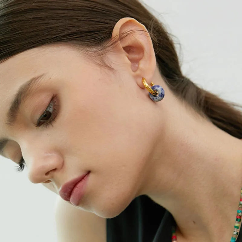 Fashionable Minimalist Natural Stone Donut Earrings For Women Stainless Steel Ear Clips High-end Earlobes Accessories Female