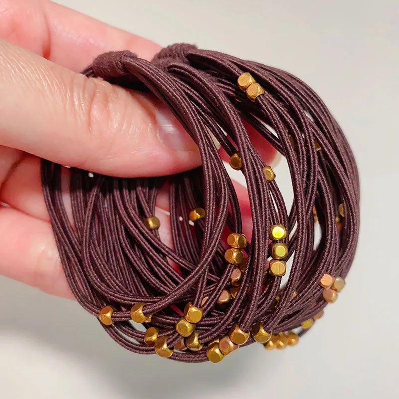 Tejesa 10PCS Korean Women Elastic Hair Rubber Bands  for Girs /Golden Plated Beads Hair Scruchies Hair Tie/Holder
