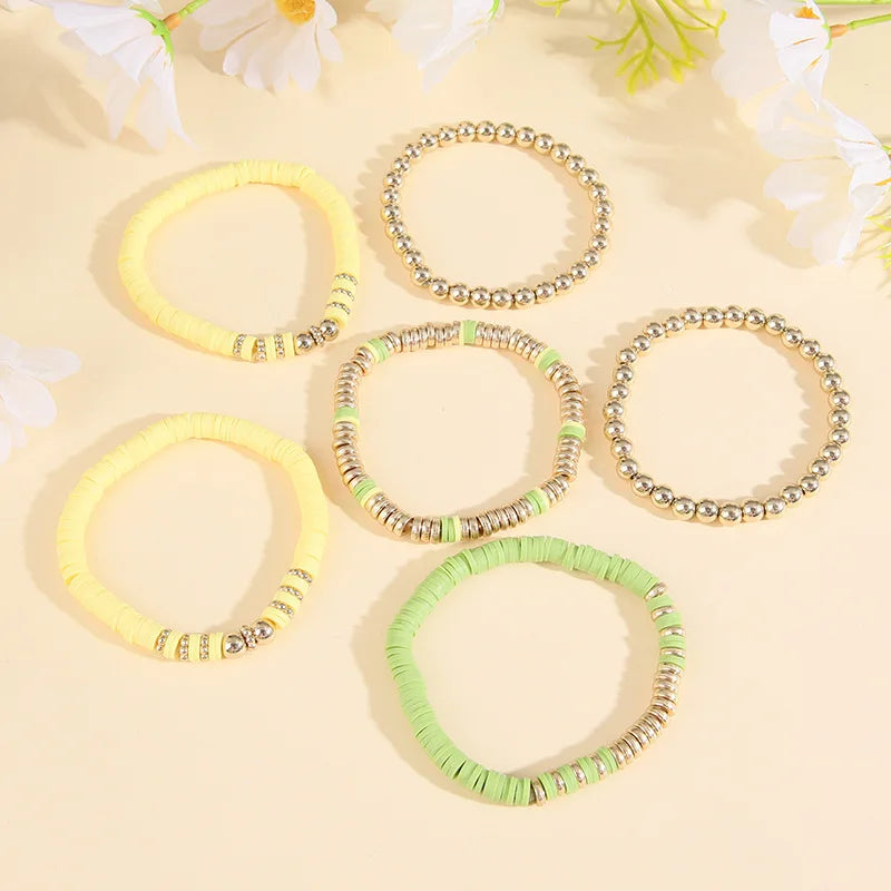 Hemasa 6/7pcs Bohemian Polymer Clay Bracelets Set for Women  /Multilayer Elastic Colorful Beads Bracelet