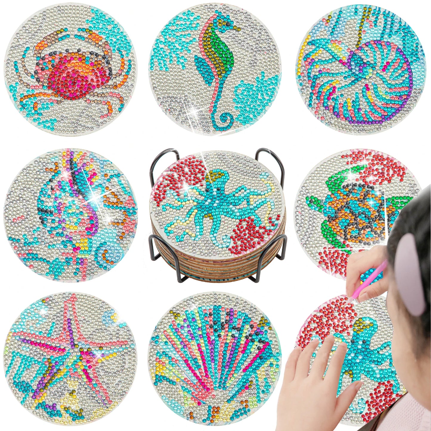 Hemasa 8pc/sets Mandala Diamond Painting Coasters  / Acrylic  Diamond Art Coasters