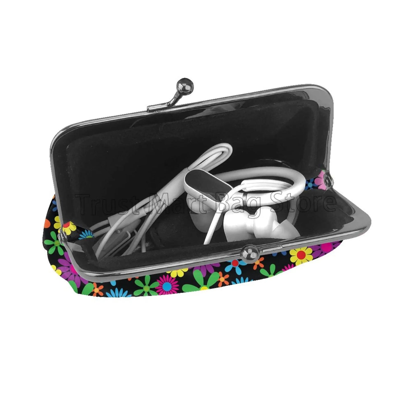 Hemasa Hippie Flowers Pattern Leather Coin Purse /Small Kiss-Lock Change Pouch Clasp Closure Buckle Wallet for Women /Wife for  Birthday Gifts
