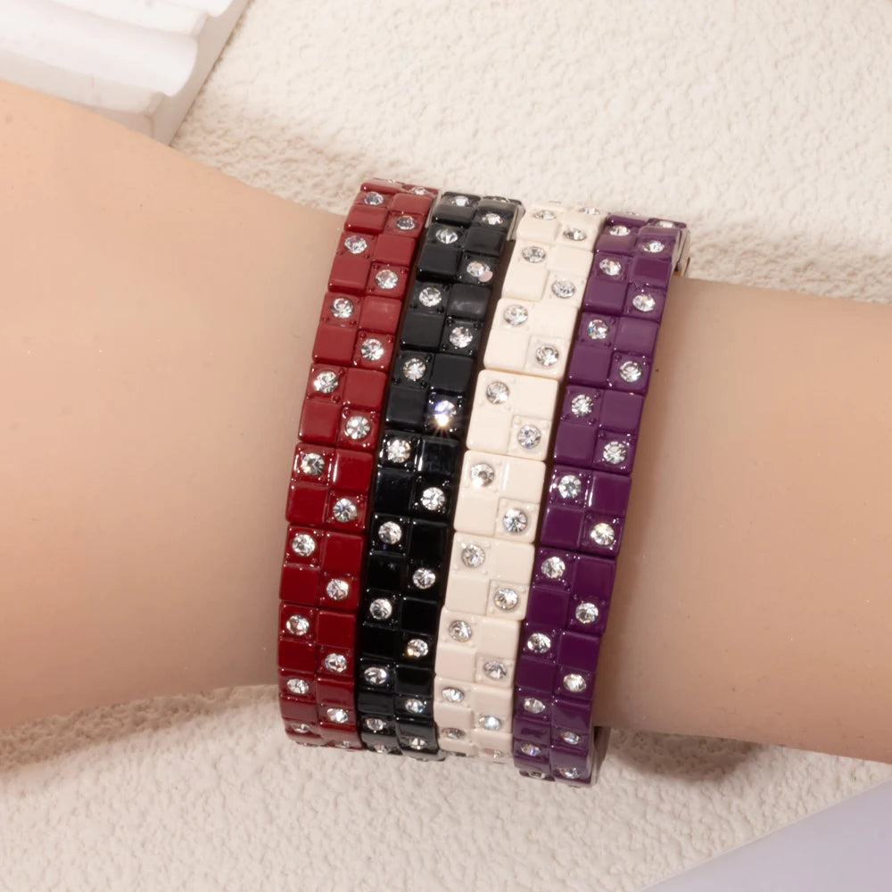 8x8mm Double Zirconia Charms Elastic Beaded Pure Color Bangle For Women