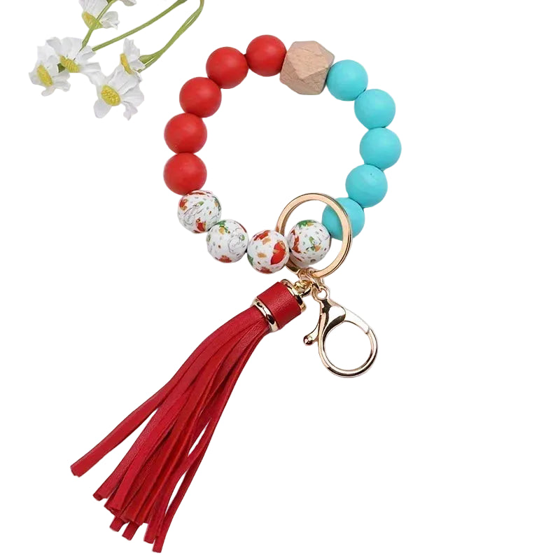 Hemasa Colorful Silicone Tassel Bracelet Keychain /Wood Beads Christmas Theme Party Favor Jewelry Accessory Versatile Gift