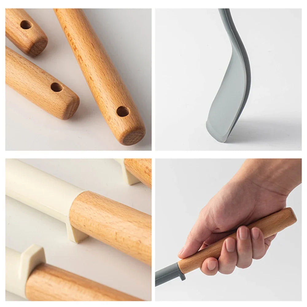 Hemasa 5Pcs Black Silicone Wooden Handle Cooking Tool Non-stick Kitchen Utensils /Silicone Spatula Baking Kitchen Spoons
