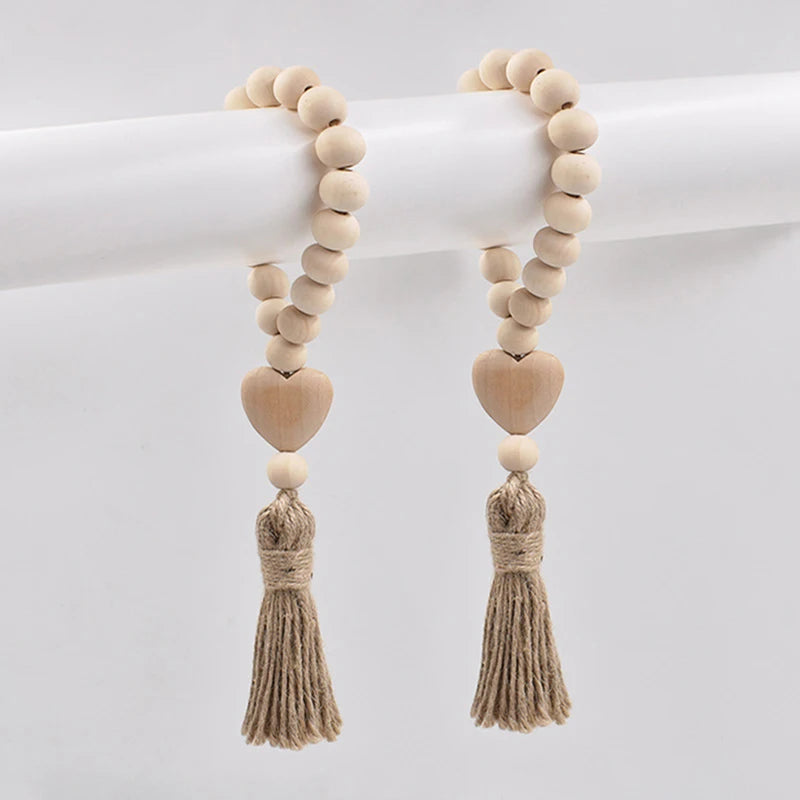 1Pc Log Color Wood Bead Garland Rustic Wall Hanging Hemp Rope Tassel Beaded With Heart Knot Woven Pendant Home Decoration