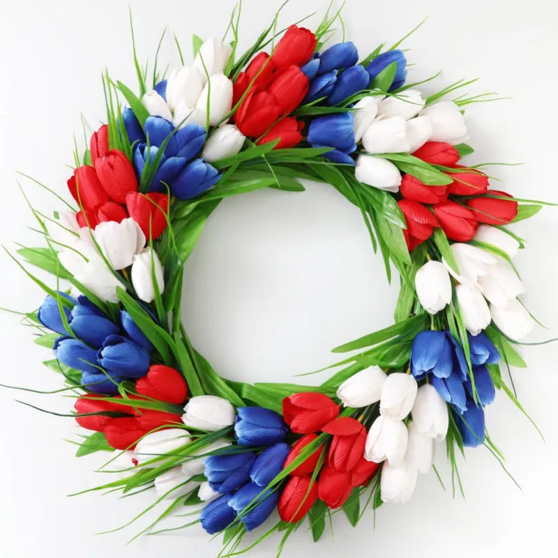 Artificitial Tulip Wreath Front Door Hanging Decoration 40cm Floral Garland Wall Pendant for Home Decor Wedding