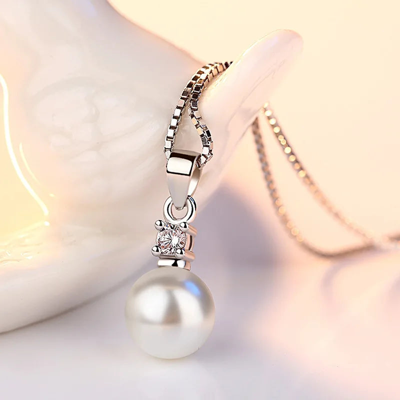 Solid 925 Sterling Silver Pearl Pendant Necklace Crystal Stud Earrings Jewelry Sets For Women New Trendy FQL23080