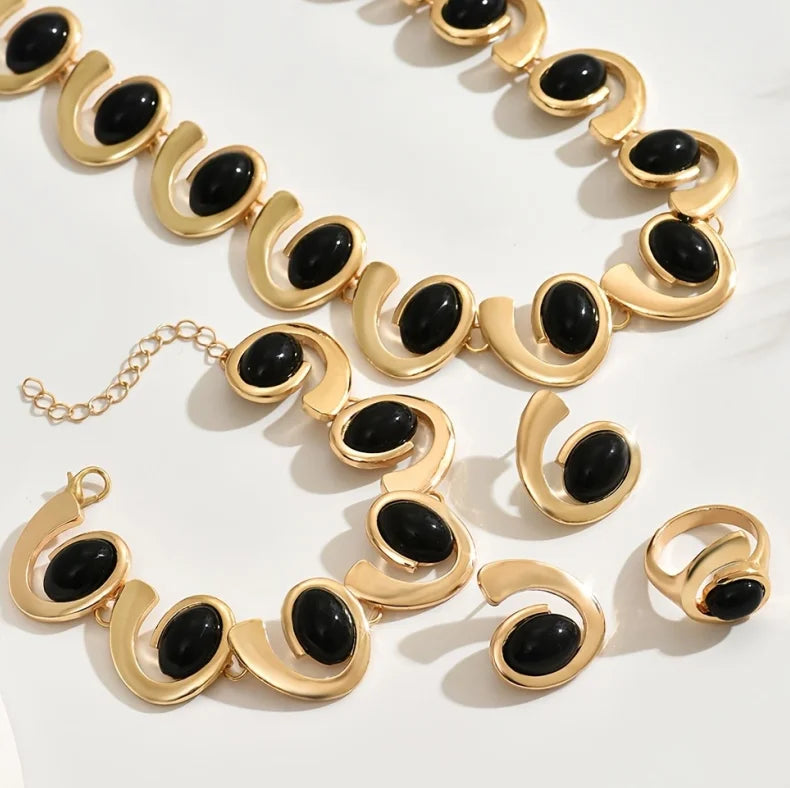 Ladies 4-Piece Set Fashion Simple Bohemian Spiral Design Necklace Earring Bracelet Ring Jewelry Accessories