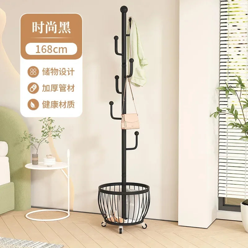 Standing Coat Rack with Basket, Entryway Coat Hanger Stand, Mobile Clothes Storage Rack with Wheels, Hallway