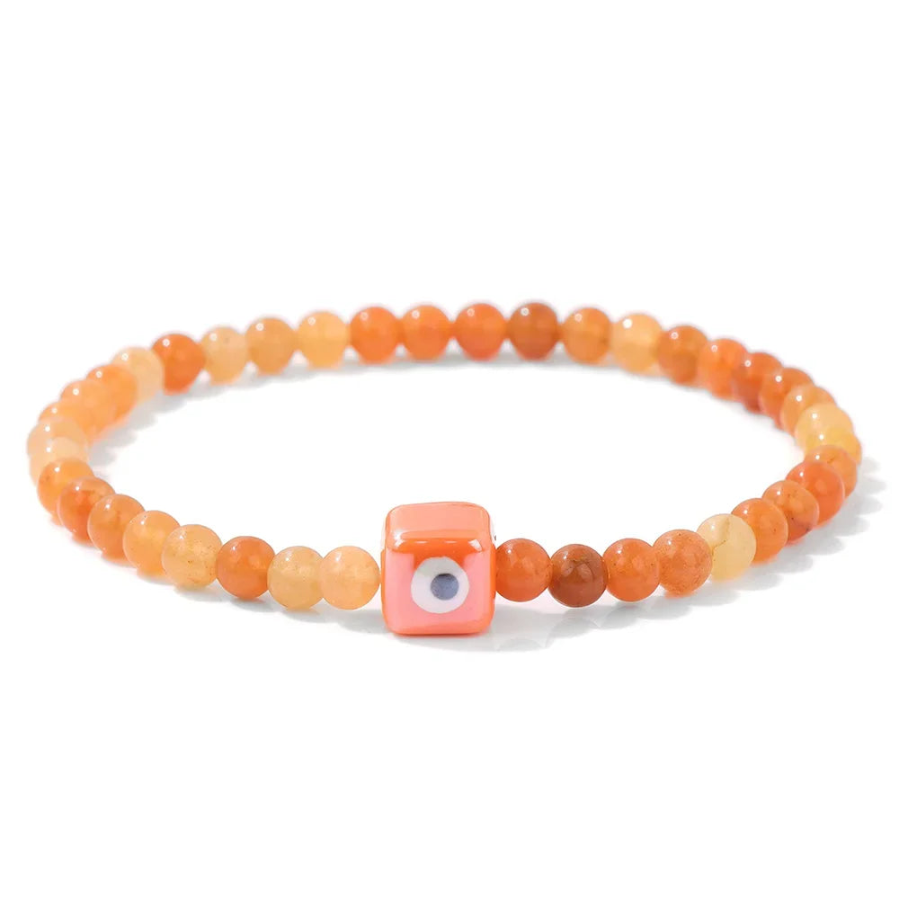 Tejesa Square Eye Bracelet Natural Stone 4mm Beads Elastic Bracelets for Women Men Turkish Evil Eye Lucky Protection Blessing Jewelry