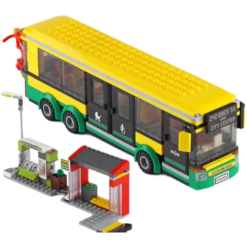 City Car Yellow Passenger School Bus Station Single-Deck Public Set Figures Model Building Blocks DIY Toys For Children Gifts