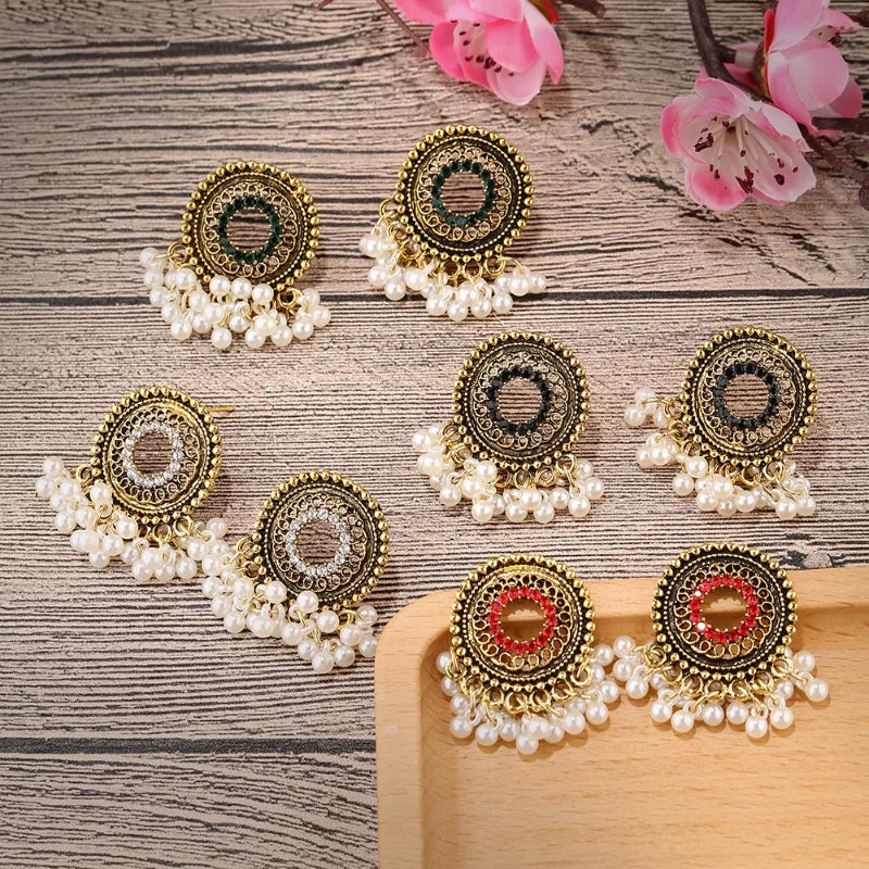 Hemasa Gold Color Alloy Indian Earrings Egypt Jewelry Ethnic Women's Pearls Tassel Round Hollow Jhumka Earring Oorbellen