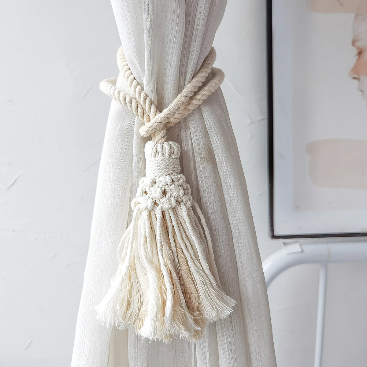Handmade Macrame Curtain Holdbacks,Wooden Bead Curtain Tiebacks,Boho Home Decoration,Cotton Hanging Rope Curtains Accessories