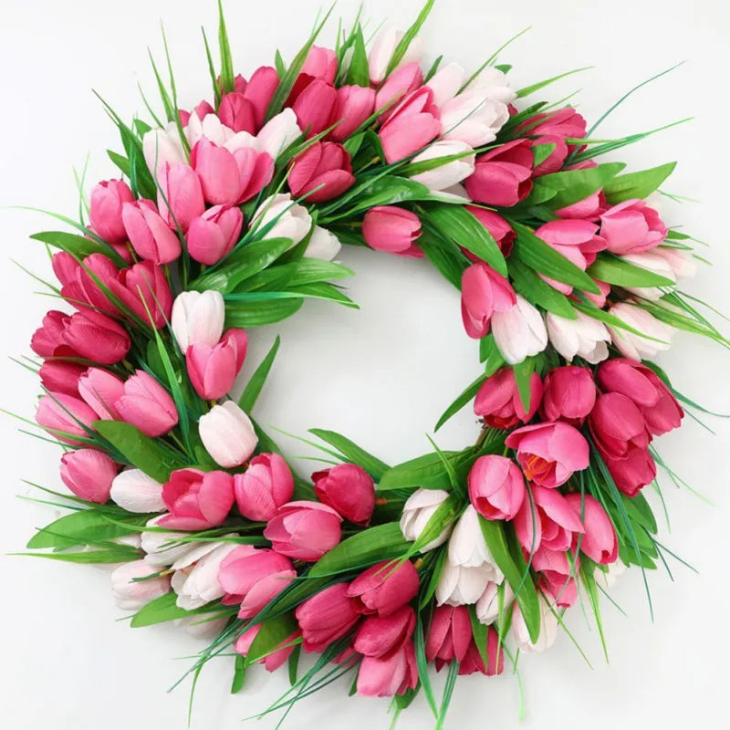 Artificitial Tulip Wreath Front Door Hanging Decoration 40cm Floral Garland Wall Pendant for Home Decor Wedding