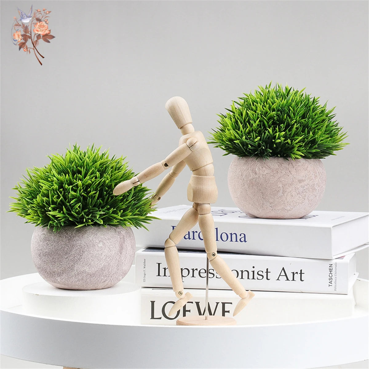 2Pcs Artificial Plants Potted Green Bonsai Short Needle Grass Pot Ornaments Simulation Flowers for Home Office Table Decoration