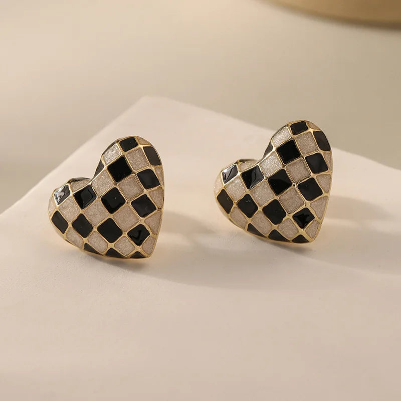 Checkerboard Heart Earrings, Black & White Pattern, Gold-Plated, Heart Shape
