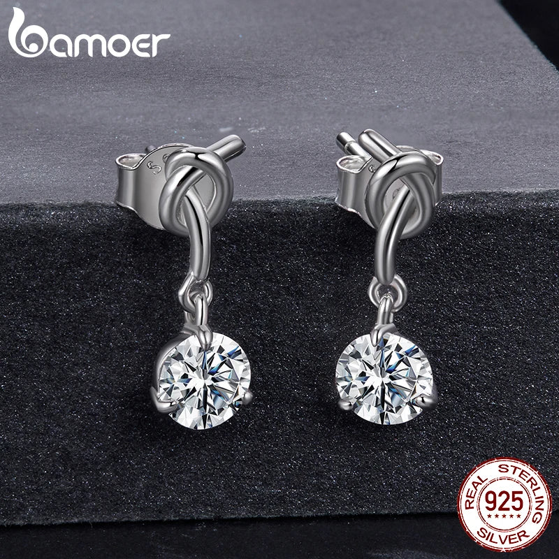 BAMOER Knot Moissanite Stud Earrings, 0.5CT Drop Dangle Earrings Round Cut Lab Created Diamond for Women Engagement Gift S925
