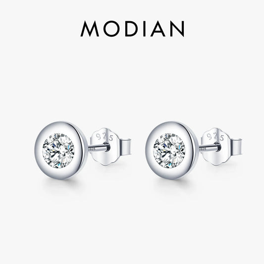 Modian Exquisite Simple Round Clear CZ Ear Studs 100% 925 Sterling Silver Sparkling Stud Earrings For Women Wedding Fine Jewelry