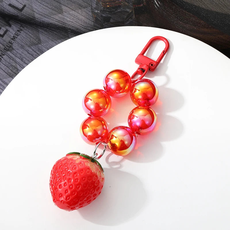 Hemasa 1PC Strawberry Cherry Red Beads Keychain Keyring For Women Girl Friend Simulated Fruit Bag Car Key Holder Airpods Box Jewelry