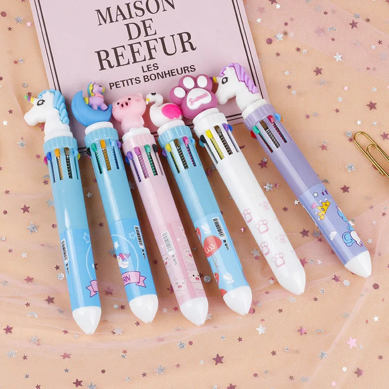 Hemasa New Girl'S Heart Creative Cartoon Silicone 10-Color Ballpoint Pen Kawaii Cartoon Students Multi-Color 0.5mm Stationery Gifts