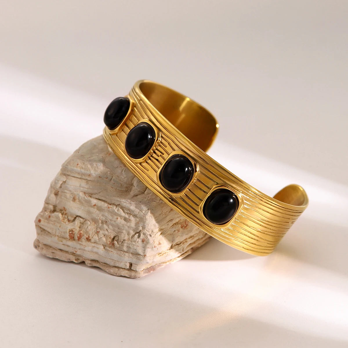 Hemasa  Wide Stripe Four Black Onyx Stones Inlaid Opening Bangle Bracelet