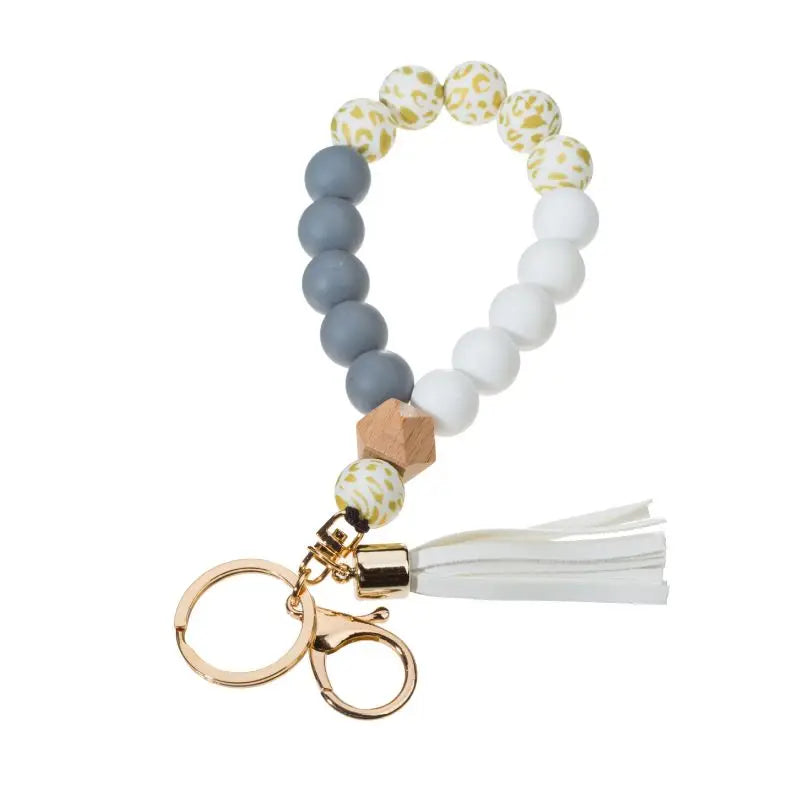 Silicone Keychain For Keys Tassel Wood Beads Bracelet Keyring For Women Multicolor Beads Keychain Fashion Keychain Wholesale