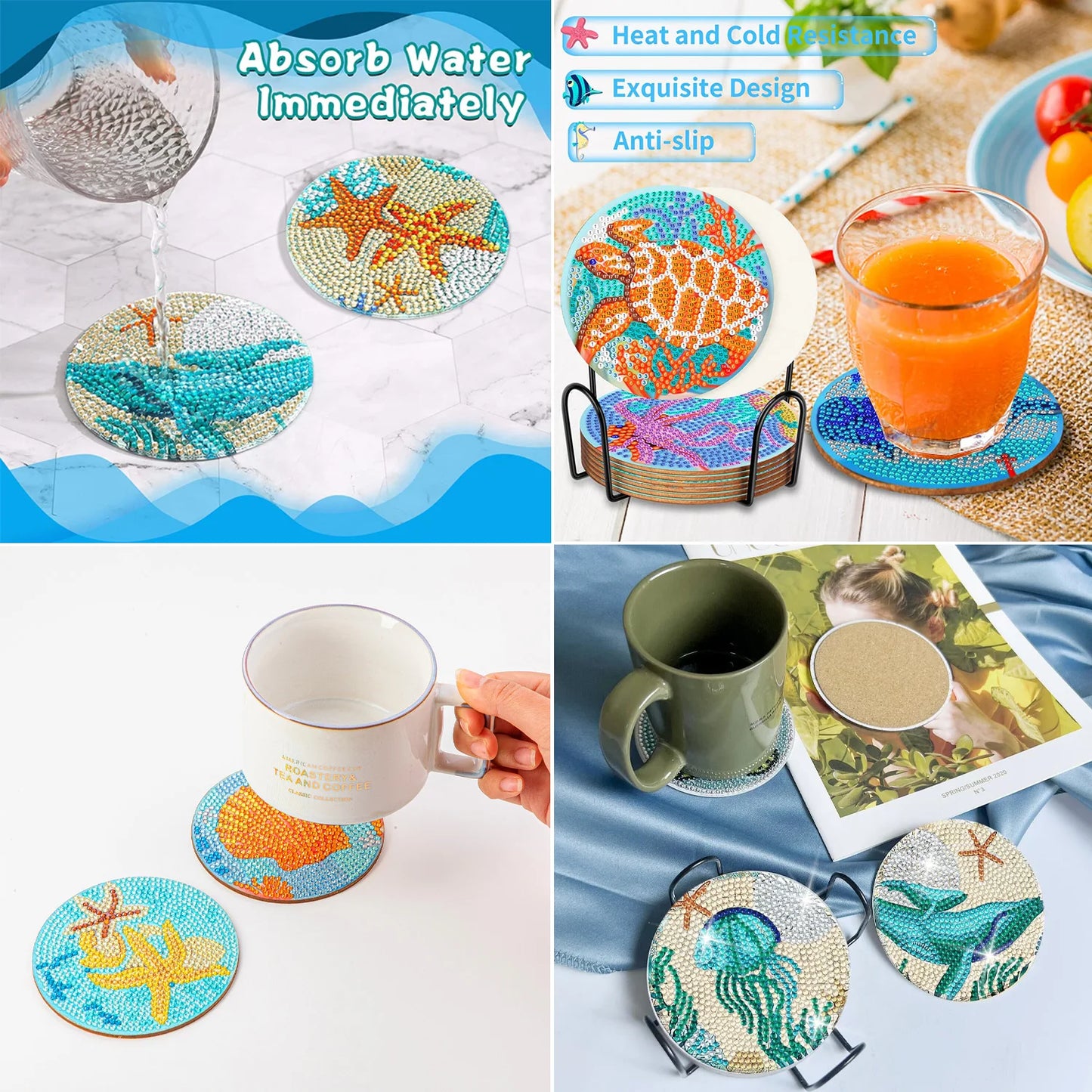 Hemasa 8pc/sets Mandala Diamond Painting Coasters  / Acrylic  Diamond Art Coasters